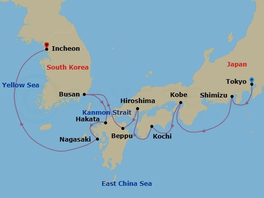 Route map: Tokyo → Shimizu → Kyoto (Kobe) → Kochi → Hiroshima → Beppu → Busan → Hakata → Nagasaki → Seoul (Incheon)