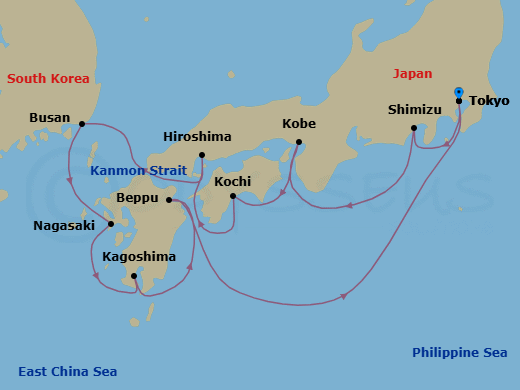 Route map: Tokyo → Shimizu → Kyoto (Kobe) → Kochi → Hiroshima → Busan → Nagasaki → Kagoshima → Beppu → Tokyo