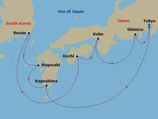 Route map: Tokyo → Shimizu → Kobe → Kochi → Busan (Pusan) → Nagasaki → Kagoshima → Tokyo