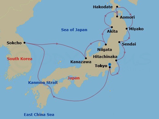 Route map: Tokyo, Japan → Sokcho, South Korea → Kanazawa, Japan → Niigata, Japan → Akita, Japan → Aomori, Japan → Hakodate, Japan → Miyako, Japan → Sendai, Japan → Hitachinaka, Japan
