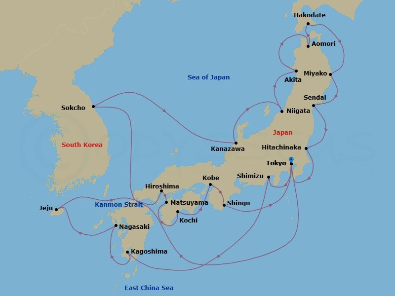 Route map: Tokyo, Japan → Sokcho, South Korea → Kanazawa, Japan → Niigata, Japan → Akita, Japan → Aomori, Japan → Hakodate, Japan → Miyako, Japan → Sendai, Japan → Hitachinaka, Japan