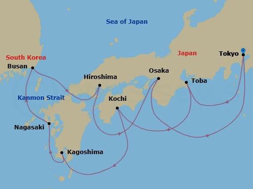 Route map: Tokyo, Japan → Toba, Japan → Kochi, Japan → Kagoshima, Japan → Nagasaki, Japan → Busan, South Korea → Kanmon Straits, Japan → Hiroshima, Japan → Osaka (for Kyoto), Japan → Tokyo, Japan