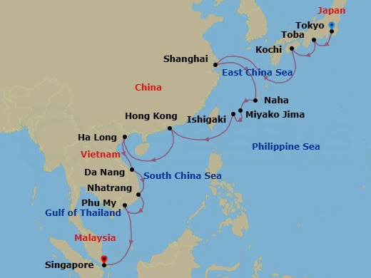 Route map: Tokyo → Toba → Kochi → Shanghai → Naha Port_Name,Okinawa → Miyako Jima → Ishigaki Island → Hong Kong → Ha Long → Da Nang