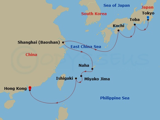 Route map: Tokyo → Toba → Kochi → Shanghai → Naha Port_Name,Okinawa → Miyako Jima → Ishigaki Island → Hong Kong