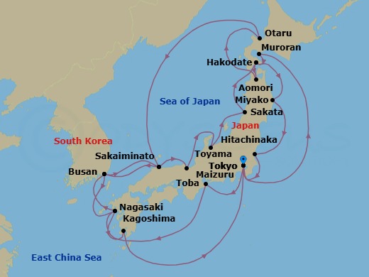 Route map: Tokyo, Japan → Toba, Japan → Nagasaki, Japan → Busan, South Korea → Sakaiminato, Japan → Maizuru, Japan → Toyama (Fushiki), Japan → Sakata, Japan → Hakodate, Japan → Miyako, Japan