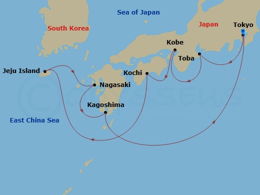 Route map: Tokyo → Toba → Kobe → Kochi → Jeju Island → Nagasaki → Kagoshima → Tokyo