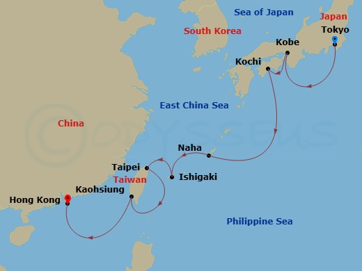 Route map: Tokyo → Kobe → Kochi → Naha Port_Name,Okinawa → Ishigaki Island → Taipei/Keelung → Kaohsiung → Hong Kong