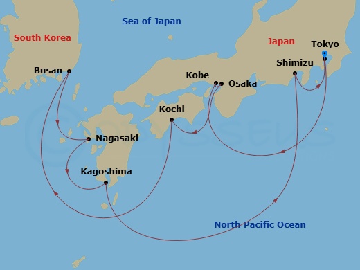 Route map: Tokyo, Japan → Kobe, Japan → Kyoto (Osaka), Japan → Kochi, Japan → Busan, South Korea → Nagasaki, Japan → Kagoshima, Japan → Mt Fuji (Shimizu), Japan → Tokyo, Japan