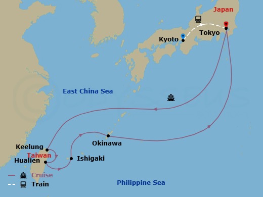 Route map: Kyoto, Japan → Tokyo, Japan → Taipei (Keelung) → Hualien, Taiwan → Ishigaki, Japan → Okinawa, Japan → Tokyo, Japan