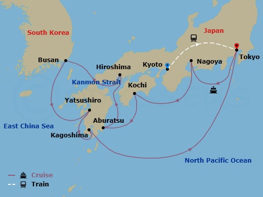 Route map: Kyoto, Japan → Tokyo, Japan → Nagoya, Japan → Kochi, Japan → Miyazaki (Aburatsu), Japan → Hiroshima, Japan → Kanmon Straits, Japan → Busan, South Korea → Yatsushiro, Japan → Kagoshima, Japan