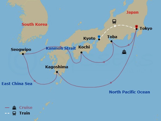 Route map: Kyoto, Japan → Tokyo, Japan → Toba, Japan → Kochi, Japan → Jeju (Seogwipo), South Korea → Kagoshima, Japan → Tokyo, Japan
