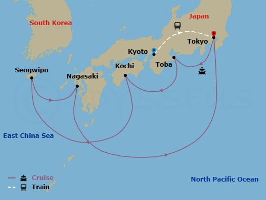 Route map: Kyoto, Japan → Tokyo, Japan → Toba, Japan → Kochi, Japan → Jeju (Seogwipo), South Korea → Nagasaki, Japan → Tokyo, Japan