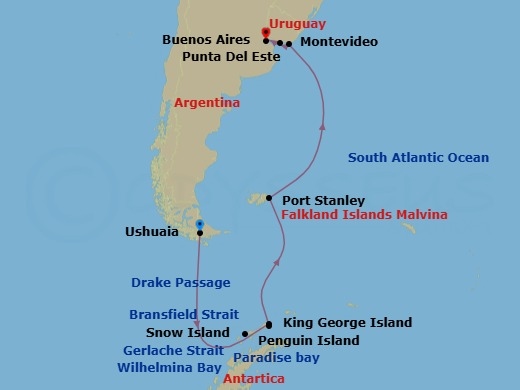 Route map: Ushuaia → Gerlache Strait → Paradise Bay → Wilhelmina Bay → King George Island → Port Stanley → Punta Del Este → Montevideo → Buenos Aires