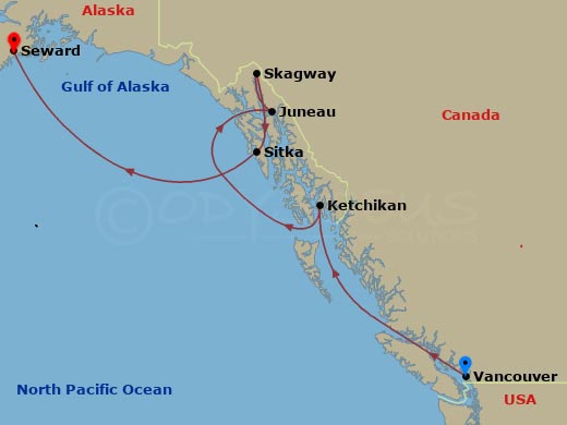 Route map: Vancouver → Seymour Narrows (British Columbia) → Ketchikan → Juneau (Alaska) → Skagway (Alaska) → Sitka (Alaska) → Cruise Hubbard Glacier, Alaska → Seward