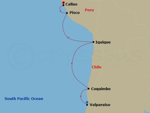 Route map: Valparaiso → Coquimbo → Iquique → Pisco → Lima (Callao)