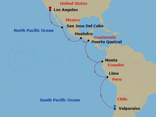Route map: Valparaiso → Lima → Manta → Puerto Quetzal → Huatulco → San Jose Del Cabo → Los Angeles
