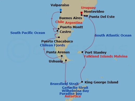 Route map: Valparaiso → Puerto Montt → Castro → Puerto Chacabuco → Santiago De Chile (San Antonio) → Punta Arenas → Ushuaia → Gerlache Strait → Paradise Bay → Wilhelmina Bay