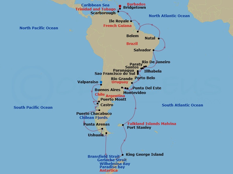Route map: Valparaiso → Puerto Montt → Castro → Puerto Chacabuco → Santiago De Chile (San Antonio) → Punta Arenas → Ushuaia → Gerlache Strait → Paradise Bay → Wilhelmina Bay