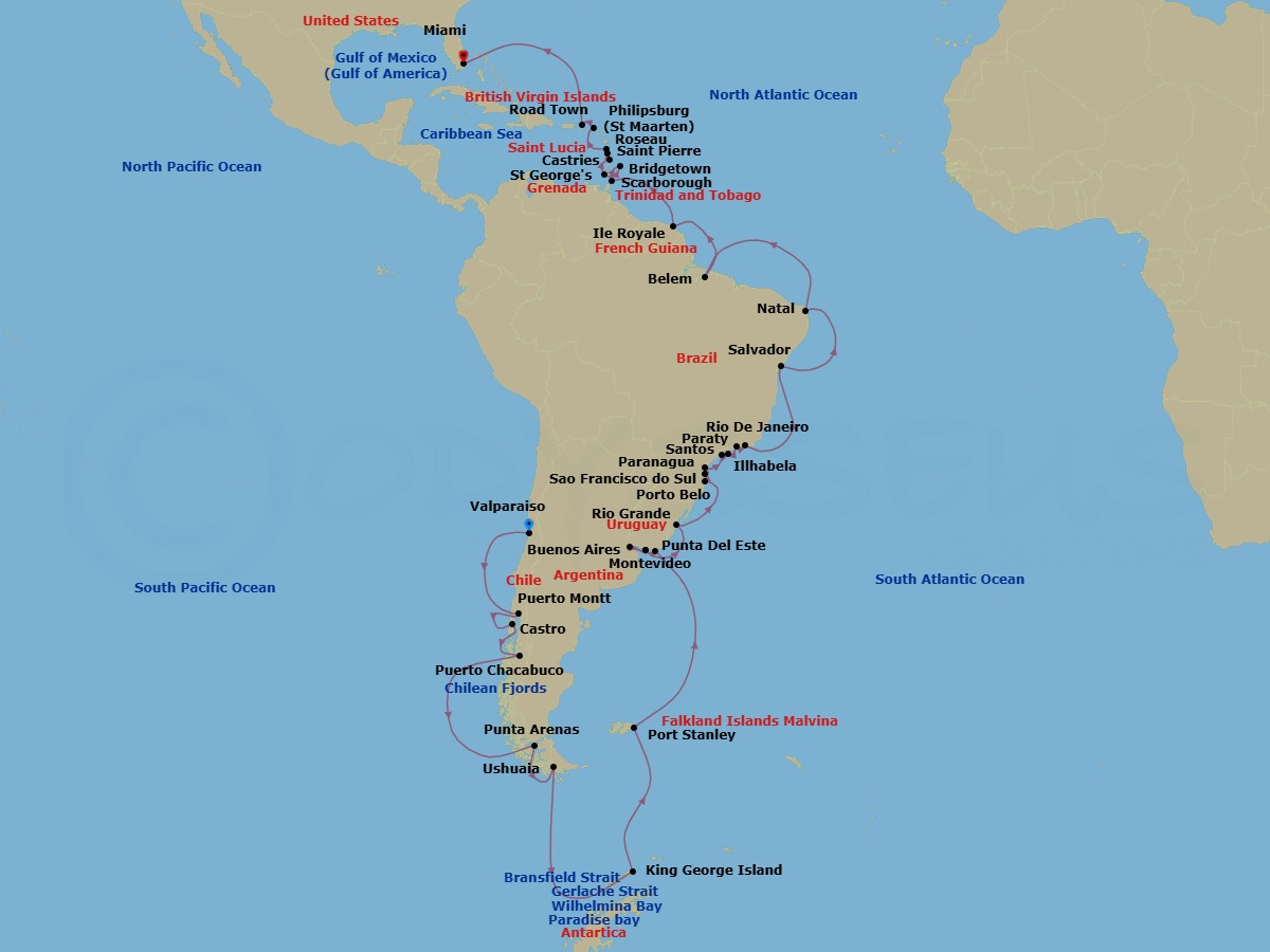 Route map: Valparaiso → Puerto Montt → Castro → Puerto Chacabuco → Santiago De Chile (San Antonio) → Punta Arenas → Ushuaia → Gerlache Strait → Paradise Bay → Wilhelmina Bay