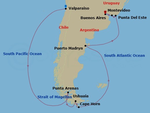 Route map: Valparaiso → The Seabourn Antarctic Experience (Day 2) → Punta Arenas → Ushuaia → Cape Horn → Puerto Madryn → Punta Del Este → Montevideo → Buenos Aires