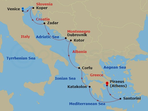 Route map: Venice → Koper → Zadar → Dubrovnik → Kotor → Corfu (Kerkyra) → Katakolon (Olympia) → Santorini (Thira) → Athens (Piraeus)