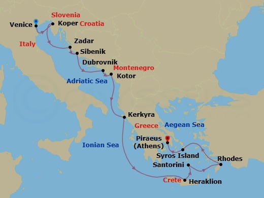 Route map: Venice → Koper → Zadar → Sibenik → Dubrovnik → Kotor → Corfu → Heraklion, (Crete) → Santorini → Rhodes