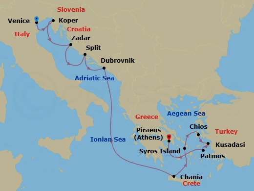 Route map: Venice → Koper → Zadar → Split → Dubrovnik → Chania → Syros Island → Canakkale (Kepez) → Kusadasi → Patmos
