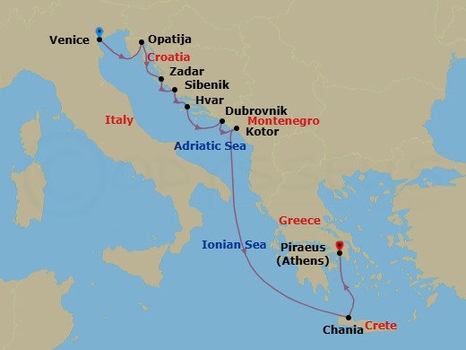 Route map: Venice → Opatija → Zadar → Sibenik → Hvar → Dubrovnik → Kotor → Chania, Crete → Athens (Piraeus)