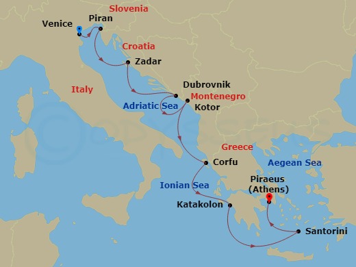 Route map: Venice (Chioggia) → Piran → Zadar → Dubrovnik → Kotor → Corfu (Kerkyra) → Katakolon (Olympia) → Santorini (Thira) → Athens (Piraeus)