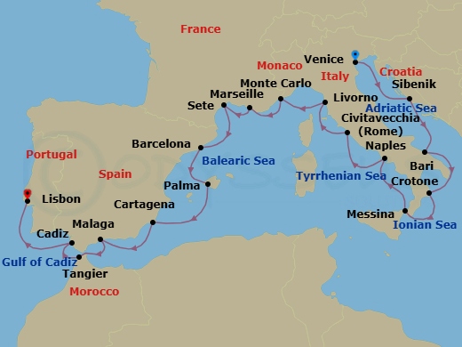 Route map: Venice → Sibenik → Bari → Crotone → Sicily (Messina) → Naples → Rome (Civitavecchia) → Florence/Pisa (Livorno) → Monte Carlo → Marseille