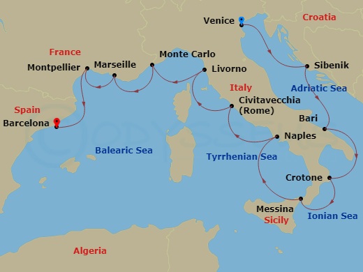 Route map: Venice (Chioggia) → Sibenik → Bari → Crotone → Sicily (Messina) → Naples → Rome (Civitavecchia) → Florence/Pisa (Livorno) → Monte Carlo → Marseille