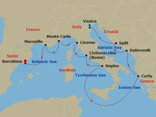 Route map: Venice → Split → Dubrovnik → Corfu (Kerkyra) → Naples → Rome (Civitavecchia) → Florence/Pisa (Livorno) → Monte Carlo → Marseille → Barcelona