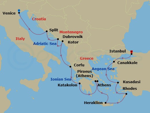 Route map: Venice → Split → Dubrovnik → Kotor → Corfu (Kerkyra) → Katakolon (Olympia) → Athens (Piraeus) → Athens → Crete (Heraklion) → Rhodes