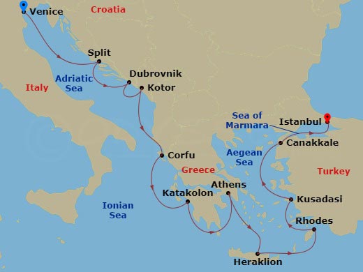Route map: Venice (Fusina) → Split → Dubrovnik → Kotor → Corfu (Kerkyra) → Katakolon (Olympia) → Athens (Piraeus) → Crete (Heraklion) → Rhodes → Ephesus (Kusadasi)