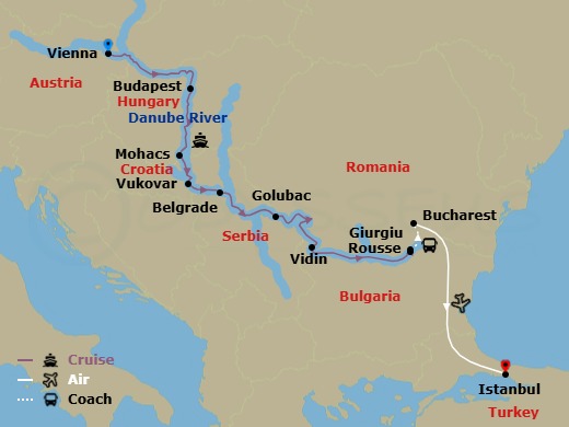 Route map: Vienna → Budapest → Mohács → Vukovar → Belgrade → Golubac → Vidin → Rousse → Giurgiu → Bucharest