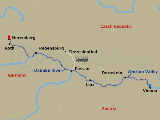 Route map: Vienna → Passau (Theresienthal) → Regensburg → Roth, Nuremberg → Nuremberg