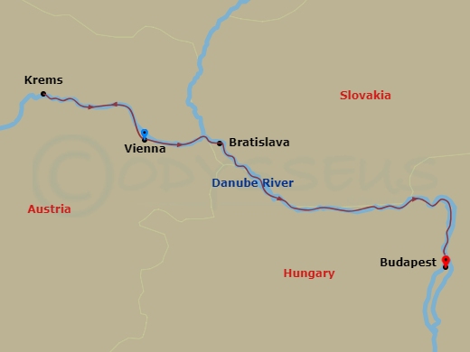 Route map: Vienna, Austria (Embarkation) → Vienna → Krems-Wachau Valley → Bratislava, Slovakia → Budapest, Hungary → Budapest (Disembarkation)