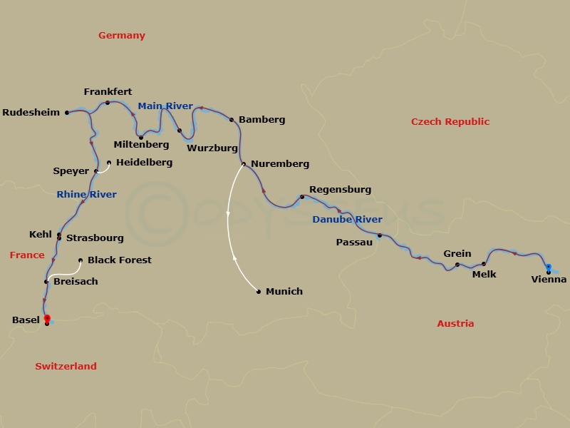 Route map: Vienna, Austria (Embarkation) → Vienna → Melk-Grein → Passau → Regensburg → Nuremberg → Nuremberg Excursion To Munich → Nuremberg → Bamberg → Wurzburg