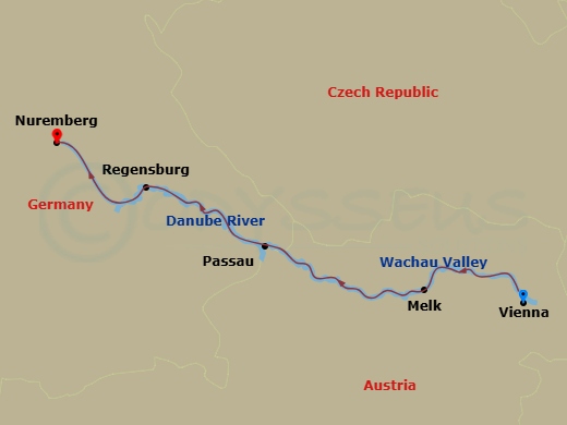 Route map: Vienna, Austria → Wachau Scenic → Melk, Austria → Passau, Germany → Regensburg, Germany → Nuremberg, Germany