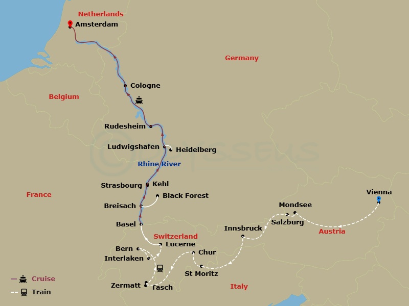 Route map: Welcome To Vienna, Austria → Vienna → Vienna-Mondsee-Salzburg → Salzburg → Salzburg-Innsbruck-St Moritz, Switzerland → St Moritz-Chur-Tasch-Zermatt → Zermatt → Zermatt-Bern → Bern-Interlaken-Lucerne → Lucerne