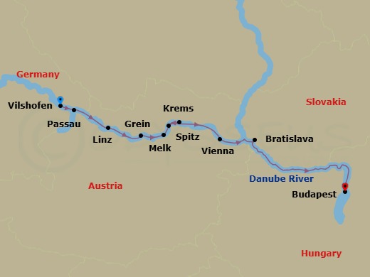 Route map: Vilshofen → Passau → Linz → Grein → Melk → Krems → Spitz → Vienna → Bratislava → Budapest