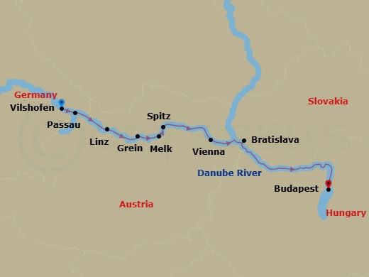 Route map: Villny → Passau → Linz → Grein → Melk → Spitz → Vienna → Bratislava → Budapest
