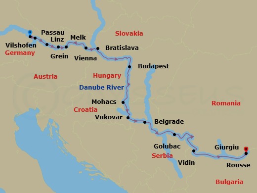 Route map: Villny → Passau → Linz → Grein → Melk → Spitz → At River → Vienna → Bratislava → Budapest