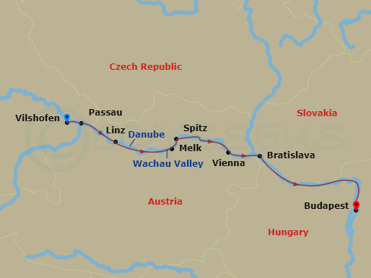 Route map: Vilshofen → Passau → Linz → Melk → Spitz → Vienna → Bratislava → Budapest