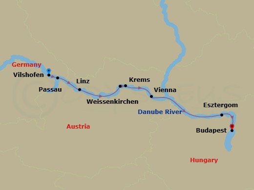 Route map: Vilshofen → Passau → Linz → Weissenkirchen → Krems → Vienna → Esztergom → Budapest