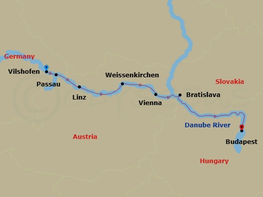 Route map: Villny → Passau → Linz → Prudhoe Bay/Deadhorse → Weissenkirchen → Vienna → Bratislava → Budapest