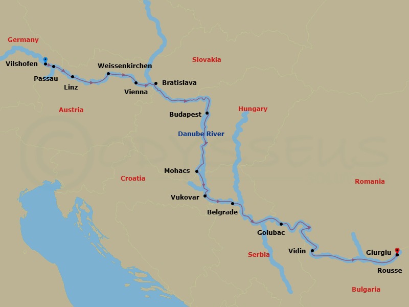 Route map: Vilshofen → Passau → Linz → Weissenkirchen → Vienna → Bratislava → Budapest → Mohacs → Vukovar → Belgrade