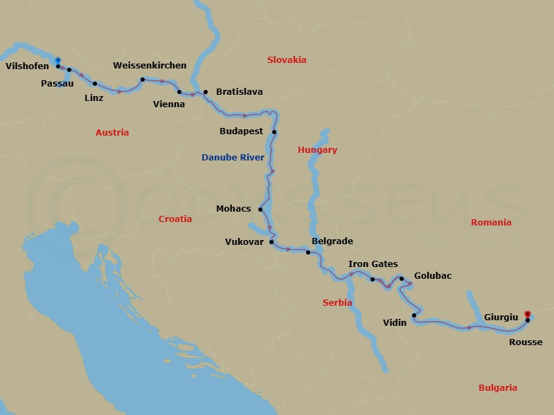 Route map: Vilshofen → Passau → Linz → Weissenkirchen → Vienna → Bratislava → Budapest → Mohacs → Vukovar → Belgrade