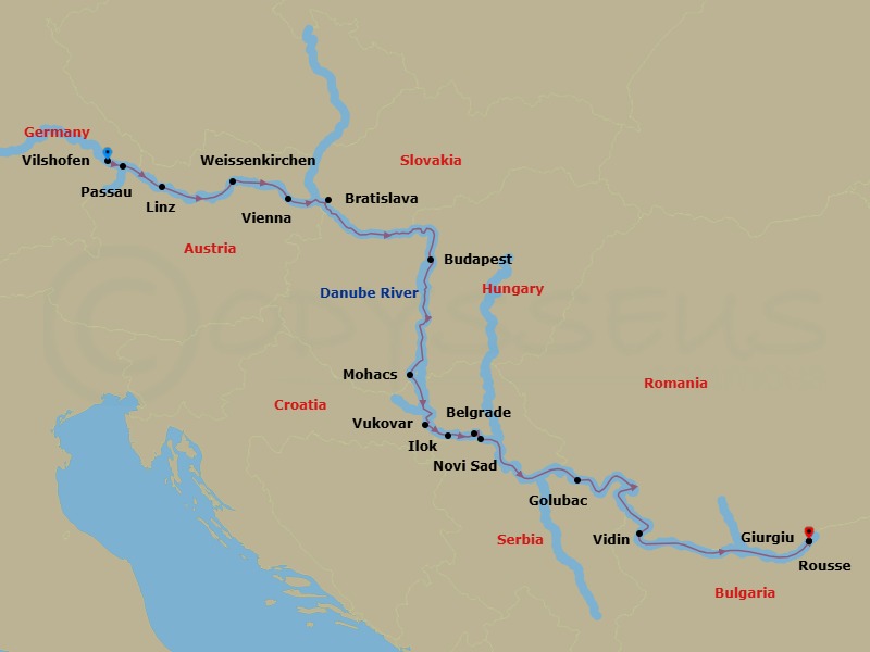 Route map: Vilshofen → Passau → Linz → Weissenkirchen → Vienna → Bratislava → Budapest → Mohacs → Vukovar → Ilok
