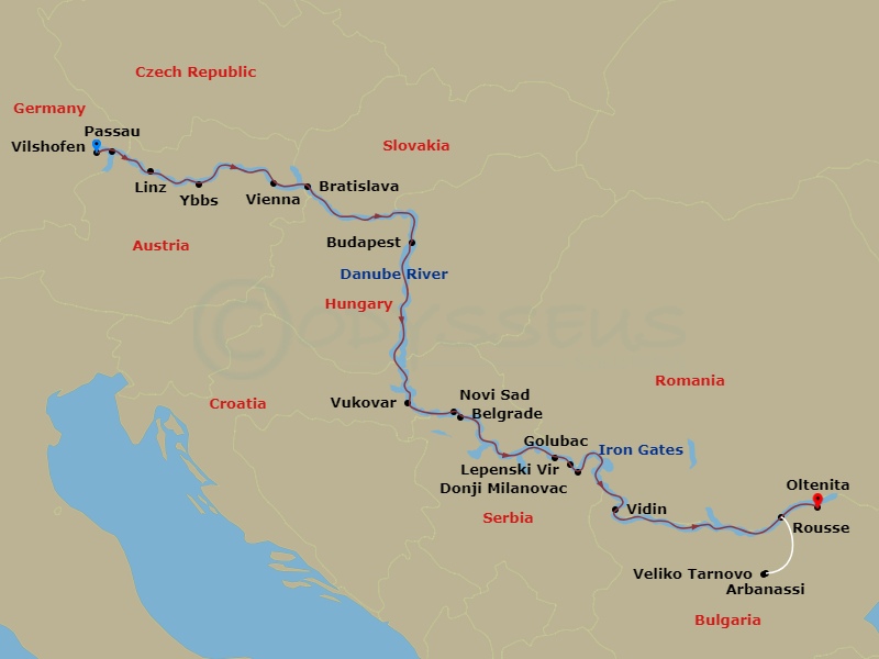 Route map: Vilshofen, Germany (Embarkation) → Passau-Schlogen Oxbow → Linz, Austria → Ybbs Excursion To Melk-Wachau Valley → Vienna → Bratislava, Slovakia → Budapest, Hungary → Budapest → Vukovar → Novi Sad, Serbia